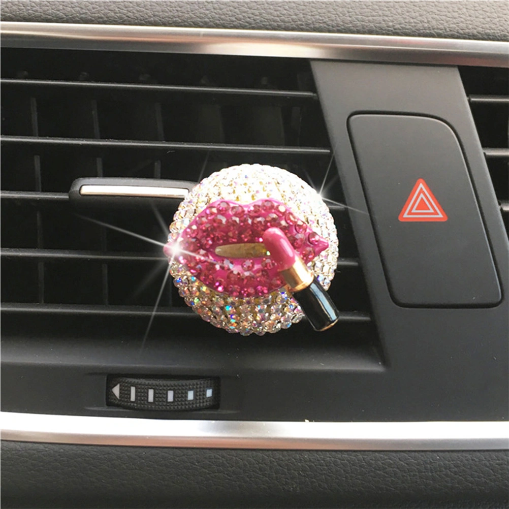 Rhinestone Lip with Lipstick Car Perfume Clip Decorative Aromatherapy Essential Oil Diffuser Vent Clip for Auto Vehicle (Rosy)