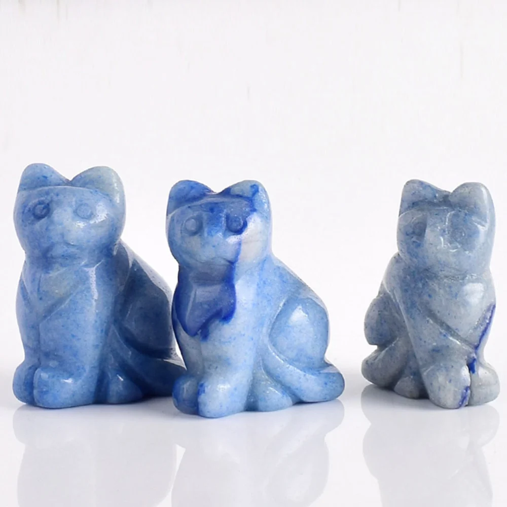 1.5 Inch Cartoon Cat Ornament Simulation Animal Figurine Delicate Jade Engrave Gift Decorations for Desktop Decor (Blue)