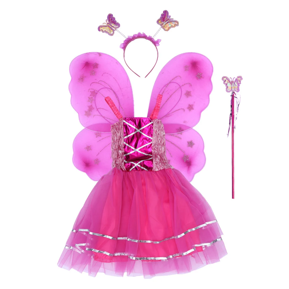 4 Pcs Kids Sling Dress Set Angel Wings Flower Fairy Skirt Toddlers Cosplay Performance Costume (Rosy)