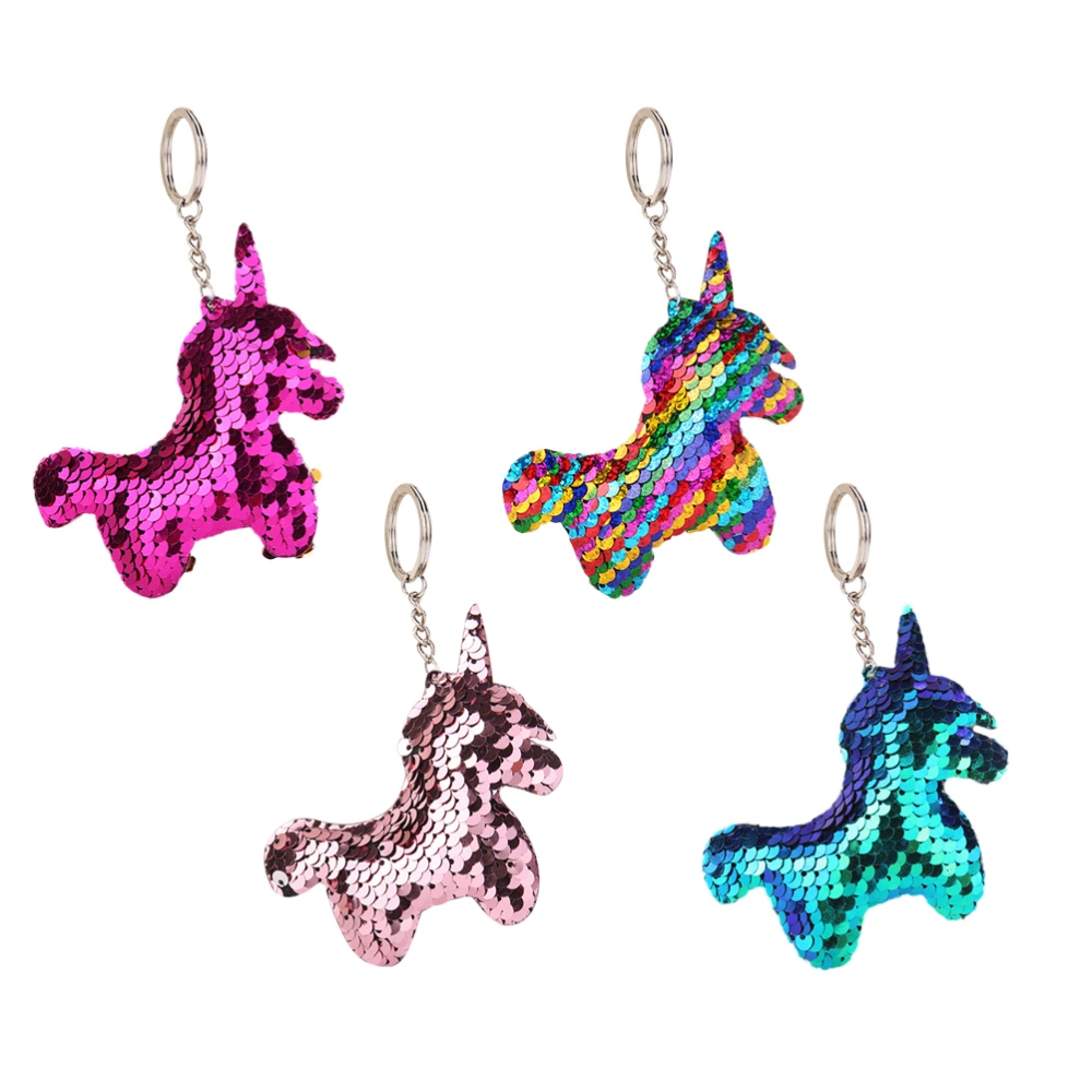 4pcs Sequins Unicorn Keychain Pendant Stylish Shiny Unicorn Keyring Bag Pendant Gifts (Colorful, Light Pink, Rosy, Blue)