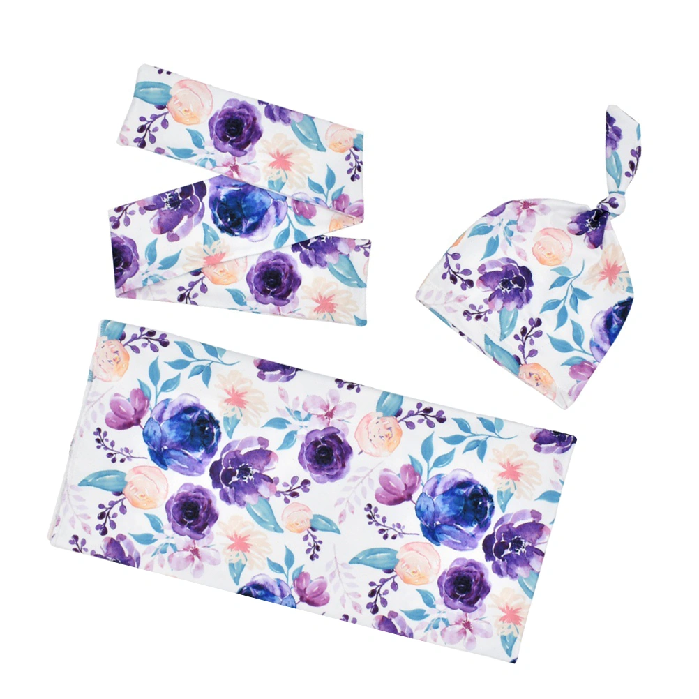 1 Set 3pcs Newborn Floral Printing Headband Turban Baby Headwraps Baby Beanie Hat Swaddle Blankets for Infant Newborn (Purple Flower)