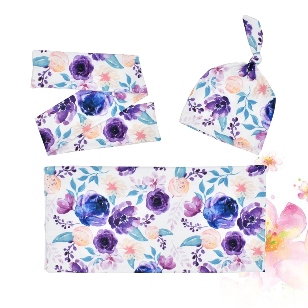 1 Set 3pcs Newborn Floral Printing Headband Turban Baby Headwraps Baby Beanie Hat Swaddle Blankets for Infant Newborn (Purple Flower)