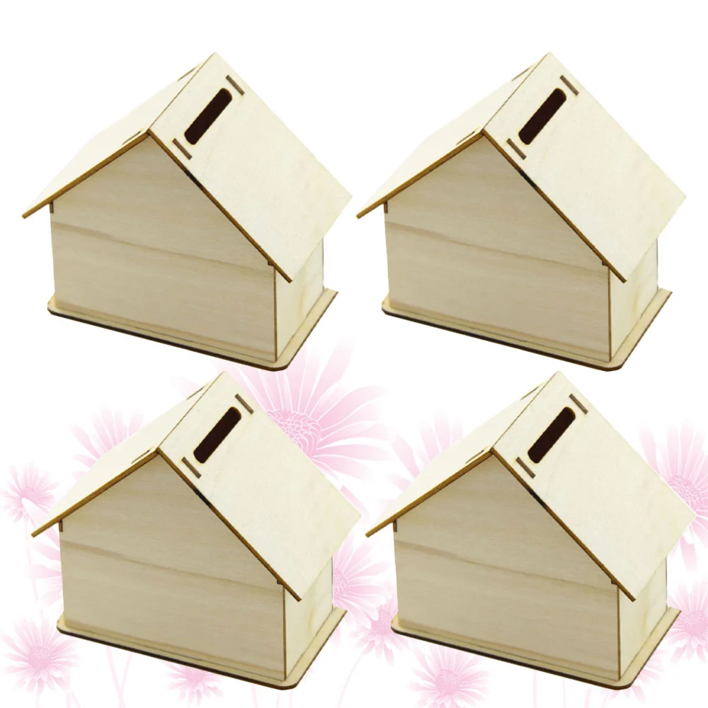 4 Set Wooden House Storage Box DIY Painting Blank Wood Holder Money Candy Container Desktop Home Box (Wood Color)