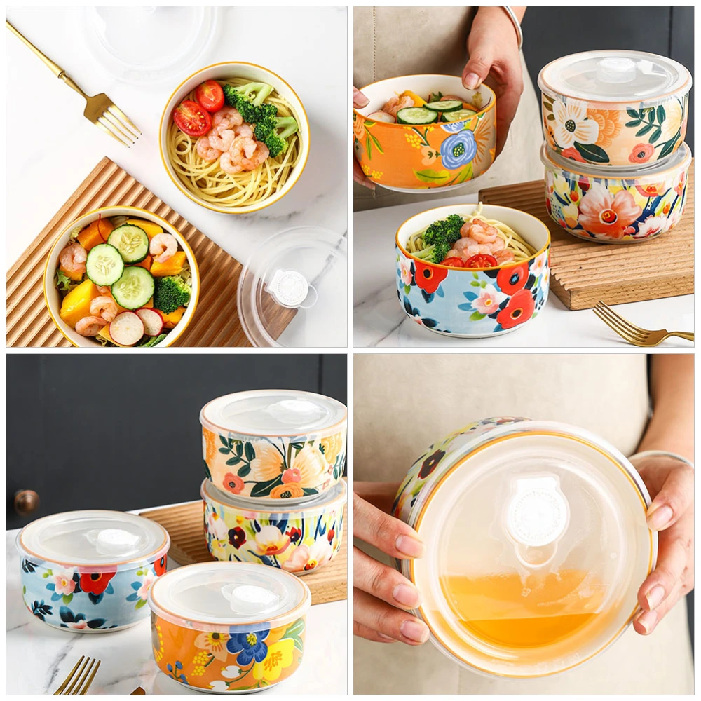 2Pcs Ceramic Bowl with Lid Sealing Salad Noodle Bowl Microwave Food Container for Home