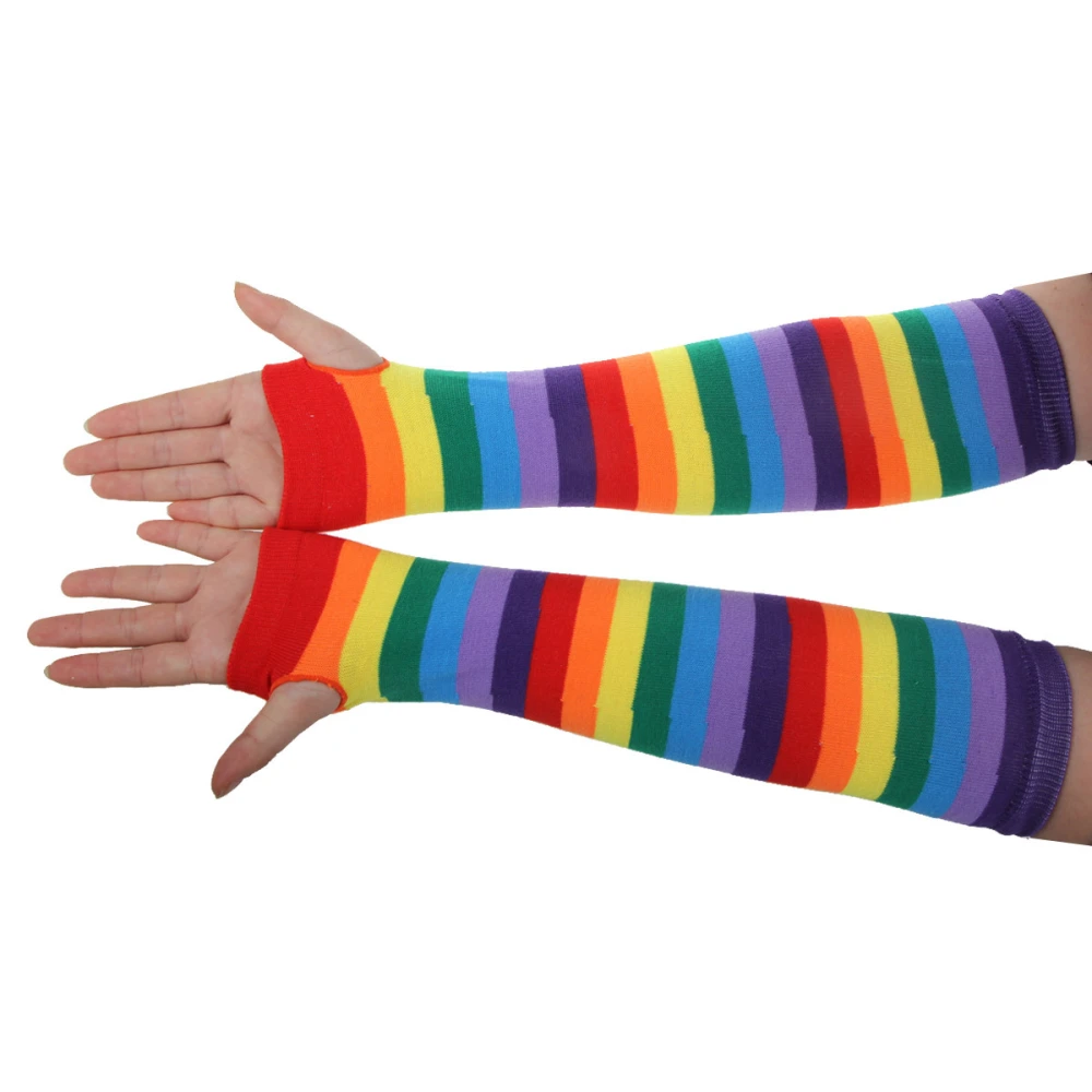 Rainbow Strips Warmer Colorful Fingerless Gloves Sleeve for Women Girls