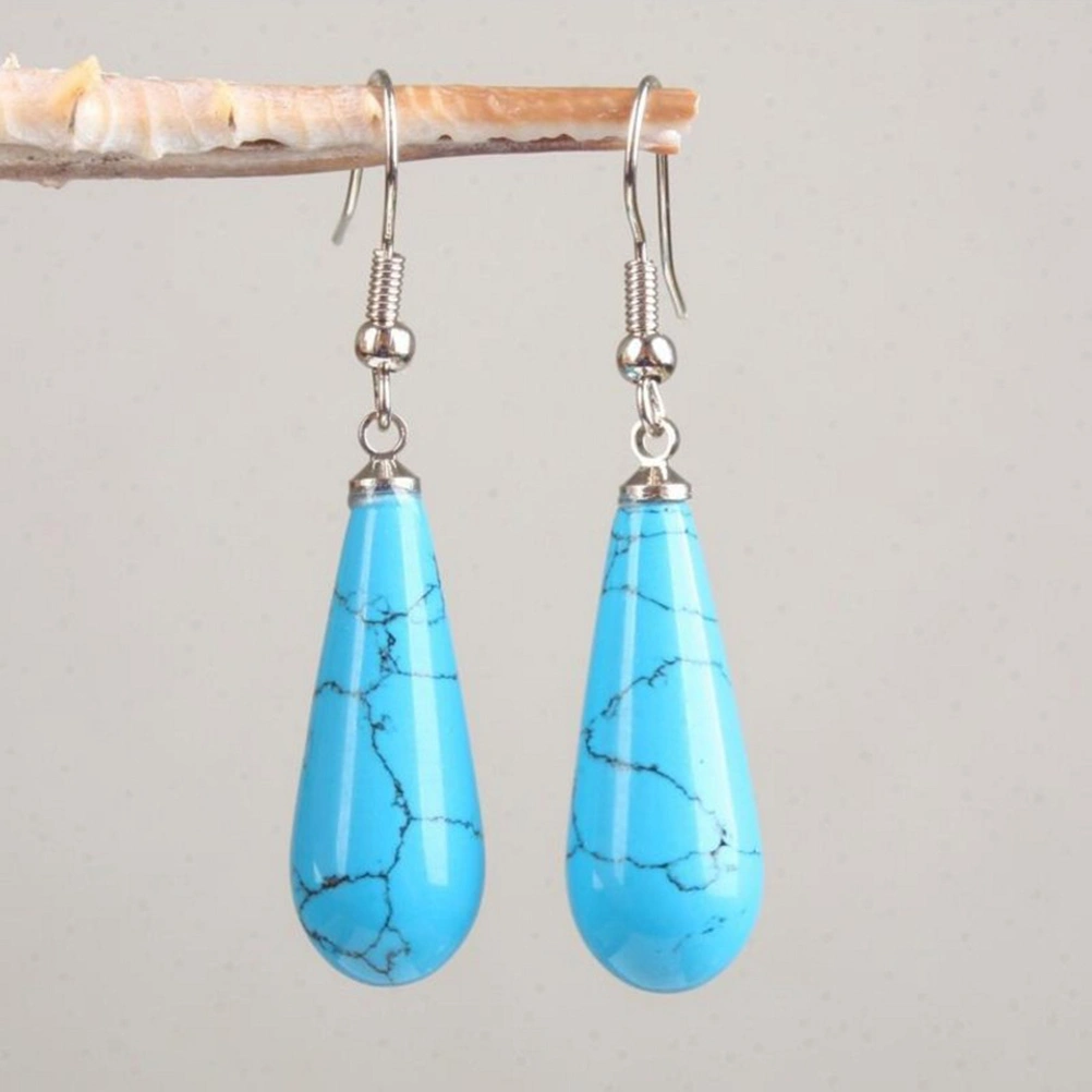 Stylish Long Crystal Earrings Synthetic Turquoise Earbobs Tear Drop Shape Eardrops Jewelry for Women Teens Girls