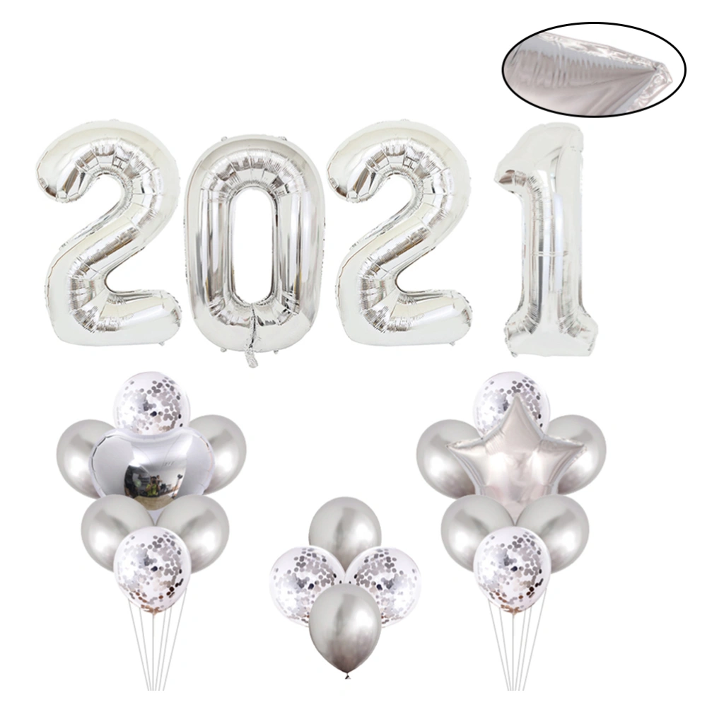 1 Set of 32 Inches 2021 Number Aluminum Foil Balloon Set Mixed Latex Balloon Bouquet Set Party Supplies (Silver, Random Color for Ribbon)