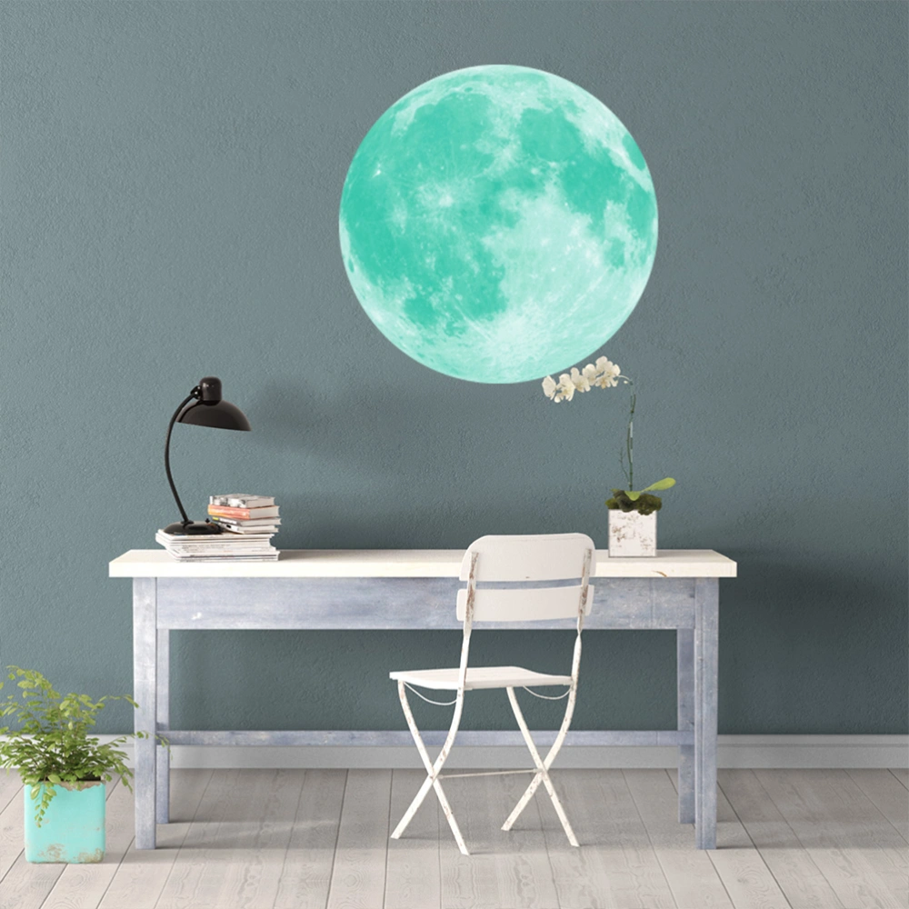 20cm Luminous Moon 3D Wall Sticker Round Glow in the Dark Wall Decal Removable Art Sticker for Bedroom Living Room Kids Room (Cyan-Blue Light)