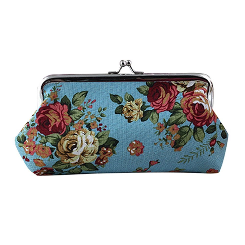 Coin Pouch Purse Rose Pattern Canvas Gift Jewelry Cards Trinkets Pouch Clasp Closure Wallet (Blue)