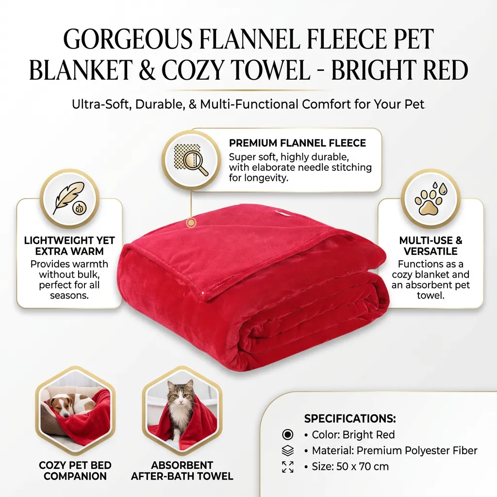 Gorgeous Flannel Fleece Pet Blanket Cozy Towel Solid Color Pet Blanket(Bright Red)