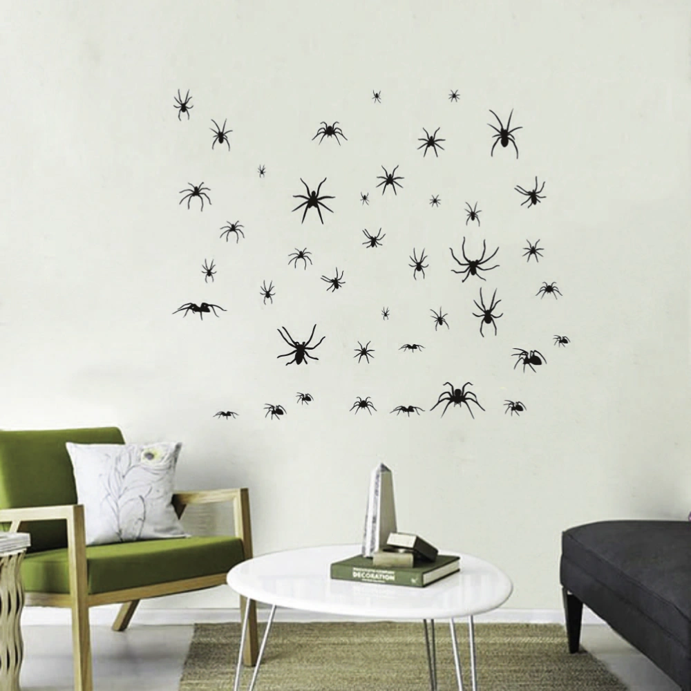 2 Sheet Horror Spiders Printed Halloween Sticker Scary Wall Sticker Removable PVC Wall Decal for Home Bar Office (Black)