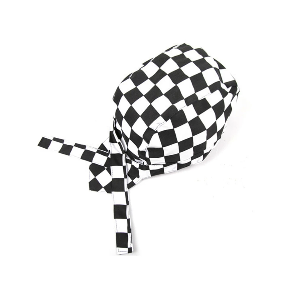 Fashion Checkered Chefs Hat Kitchen Catering Skull Ribbon Turban (Black+White)