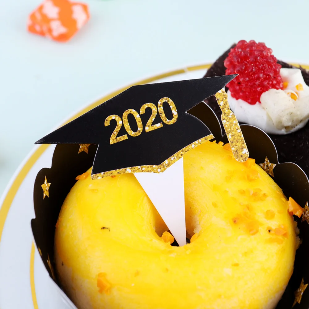 24pcs 2020 Graduation Cake Toppers Cup Cake Insert for Party Gathering (Cap 2020 Pattern)