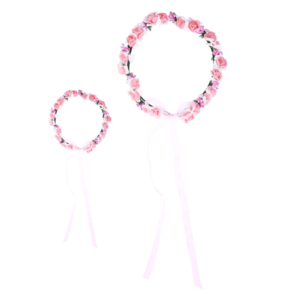 2 Pcs Flower Headband and Wristband Bride Bridesmaid Children Hair Garland Floral Bracelet for Wedding Engagement (Pink)