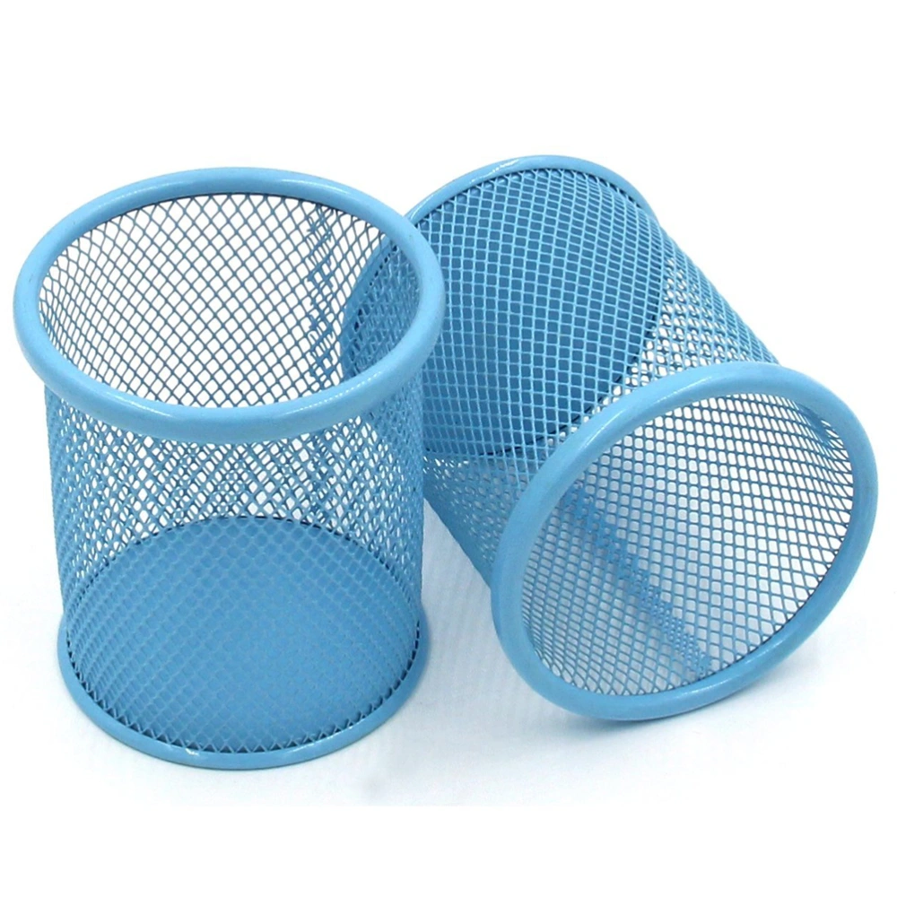 2pcs 3.5 inch Round Mesh Steel Pencil Holder (Blue)