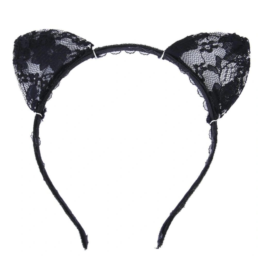 Wired Lace Headband with Cat Ears Fancy Dress Costume Party (Black)