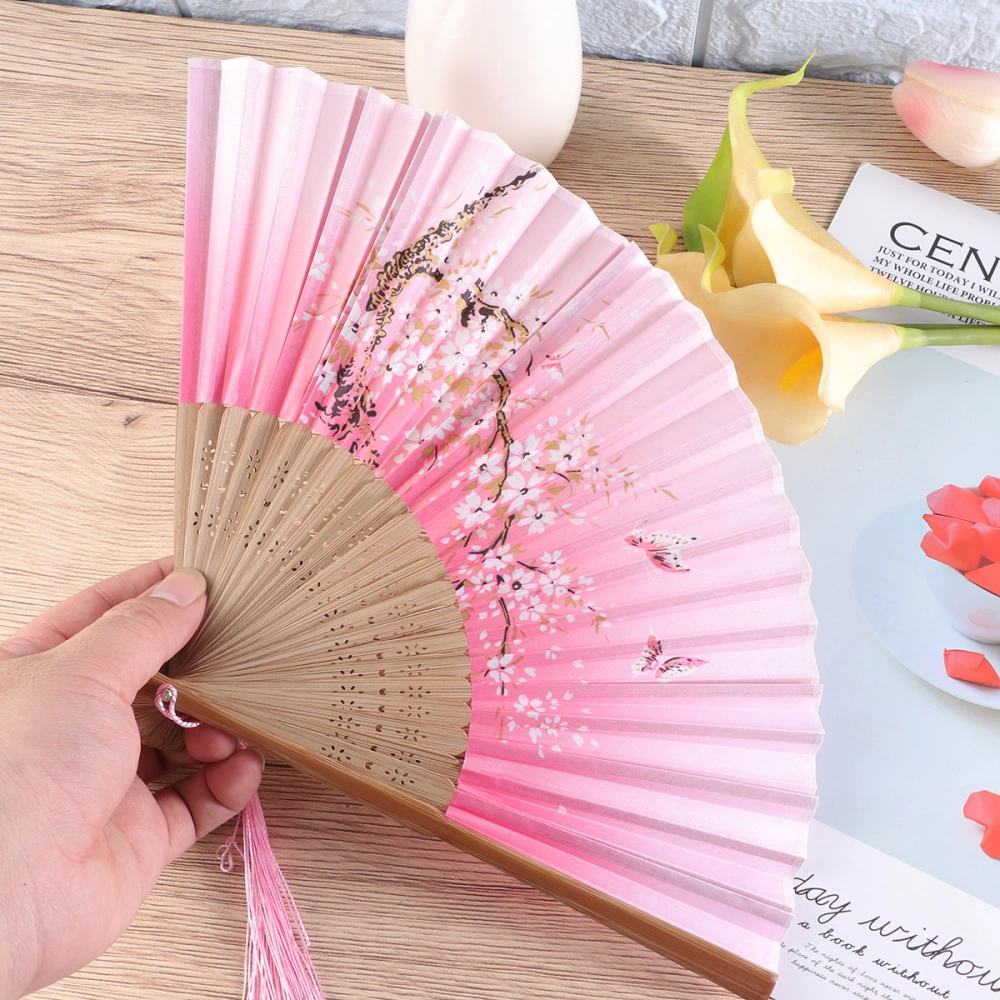 Oriental Cherry Folding Fan Ancient Silk Fan Lovely Sakura Hand Fan Vintage Elegant Floral Fan for Summer Decor