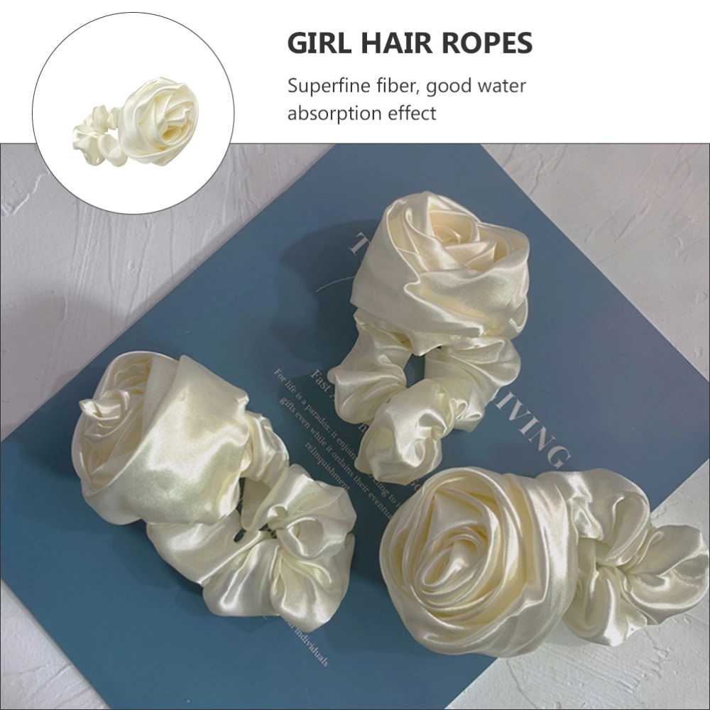 2Pcs Retro Cloth Rose Hair Scrunchies Flower Large Dot Hair Ropes (White)