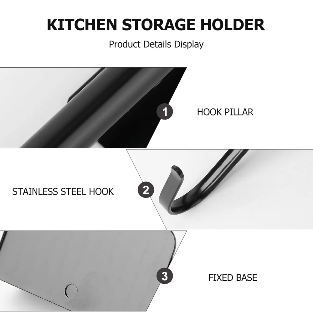 1Pc Multi Functional Kitchen Storage Rack Wall Hanging Rack Storage Tools Kitchen Items Organizer Black (Hanging Rod with Glue And 5 Hooks)