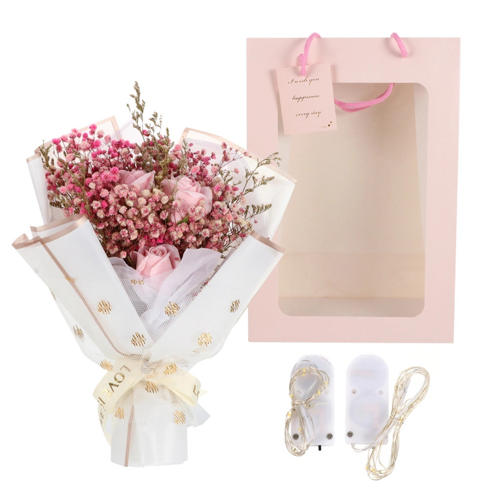 1 Set Artificial Dry Gypsophila Soap Flower Bouquet Gift Box with String Light