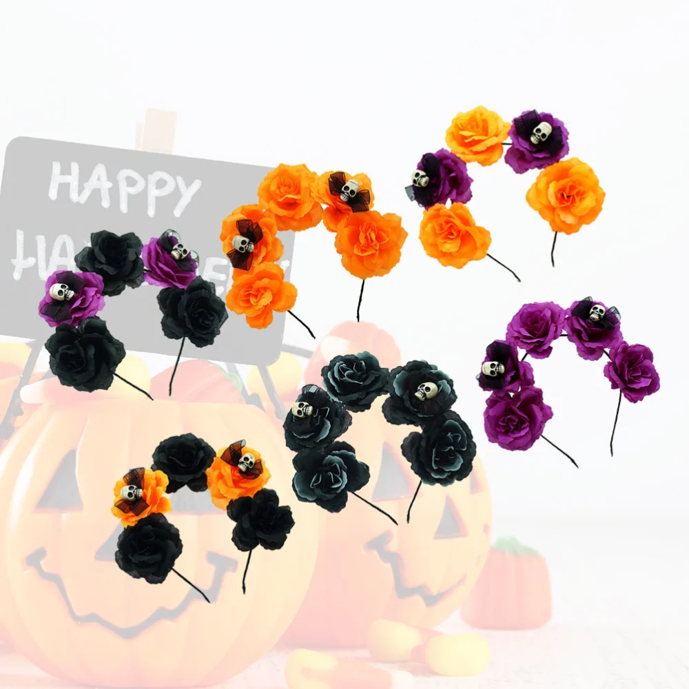 6pcs Halloween Headwear Simulation Flower Skull Headband Horror Hair Headdress