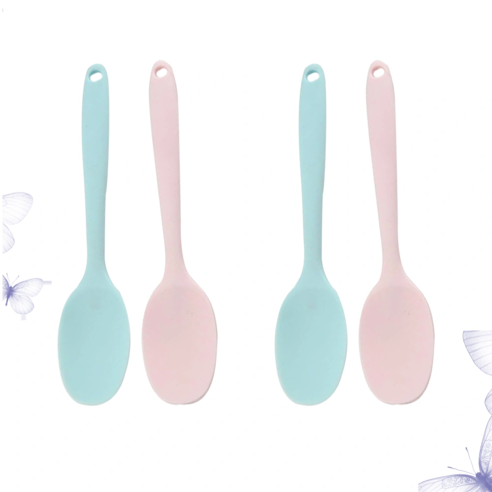 4pcs Silicon Spoon Lovely Food Serving Scoop Kitchen Utensil Creative Flatware Tableware for Home Restaurant (Blue + Pink)