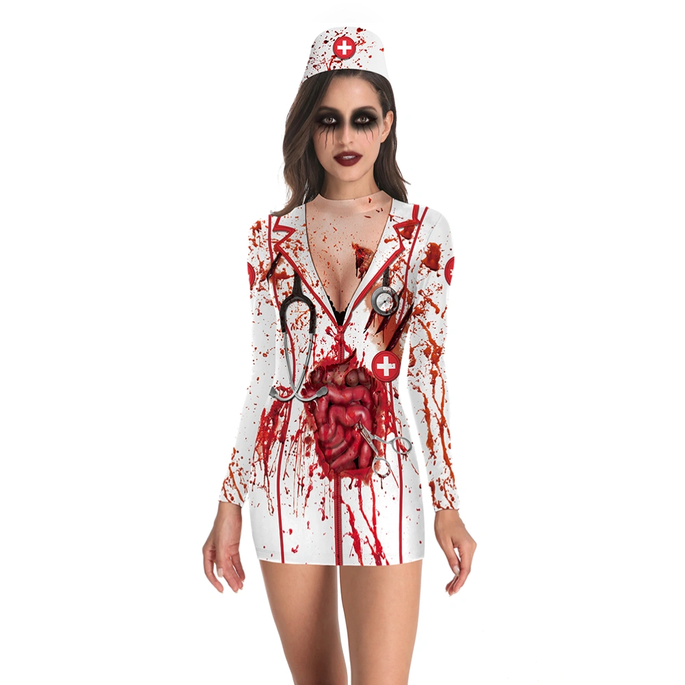 1PC Halloween Horror Costume Blood Nurse Long Sleeve Dress for Party Cosplay No  Props - Size L