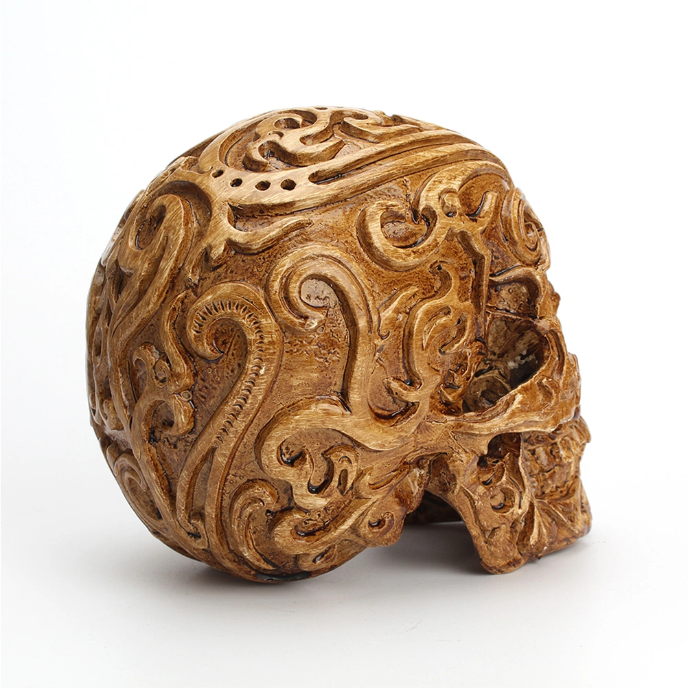 1PC Carved Skull Decorations Auspicious Clouds Skull Decor Resin Skull Head Crafts Household Halloween Adornment for Party Home (Brown)