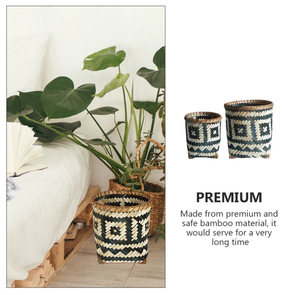 2Pcs Bamboo Woven Basket Decorative Woven Trash Can Bamboo Woven Wastebasket Flower Basket