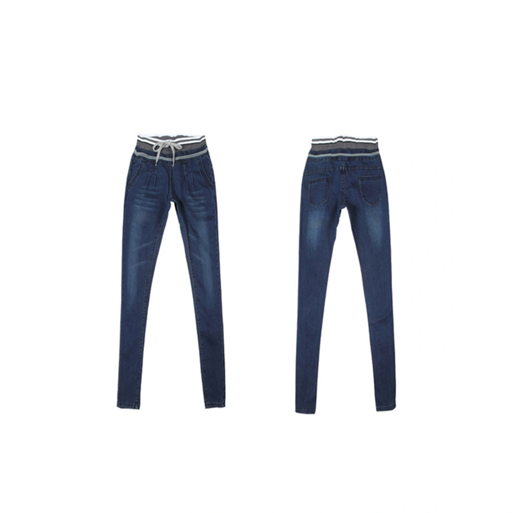 Women Girls Elastic Waist Drawstring Relaxed Straight Denim Pants Jeans - Size 30(Dark Blue)