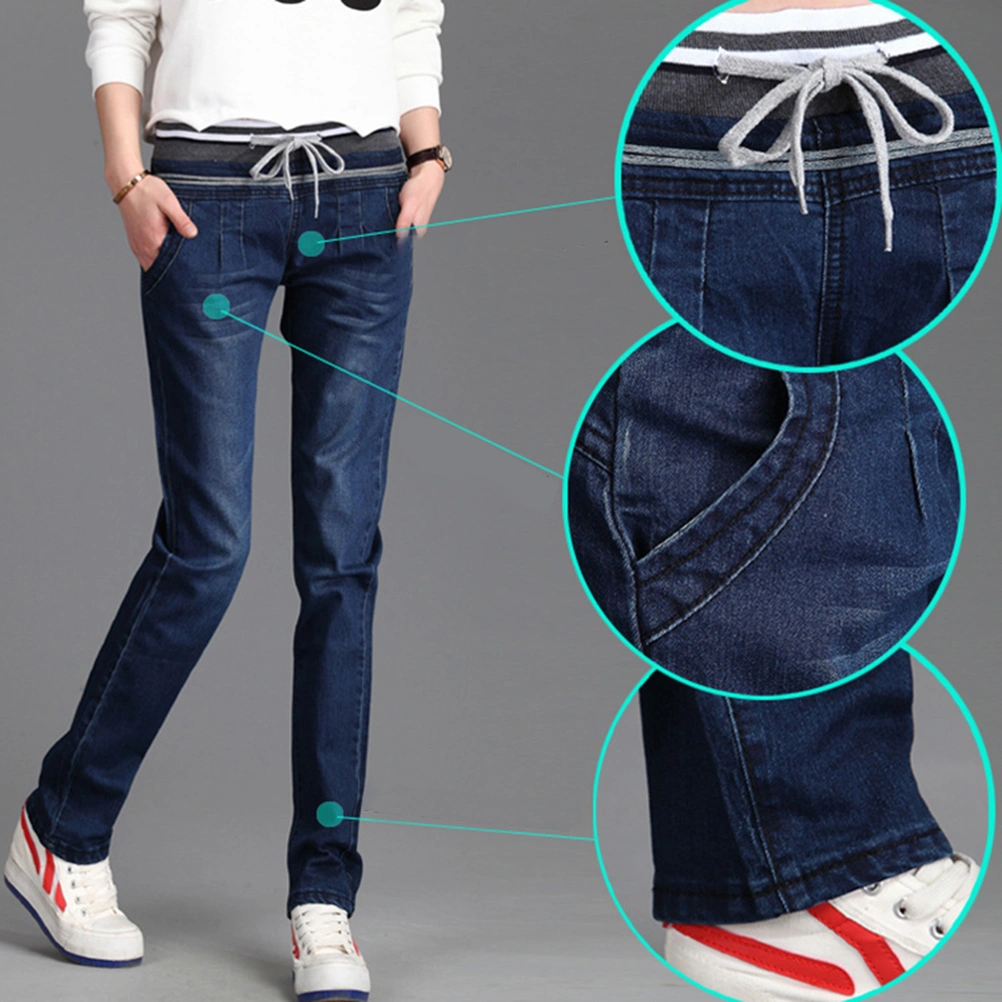 Women Girls Elastic Waist Drawstring Relaxed Straight Denim Pants Jeans - Size 30(Dark Blue)