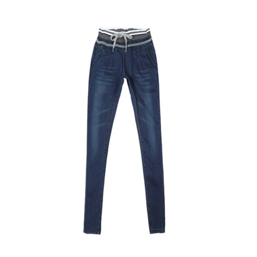 Women Girls Elastic Waist Drawstring Relaxed Straight Denim Pants Jeans - Size 30(Dark Blue)