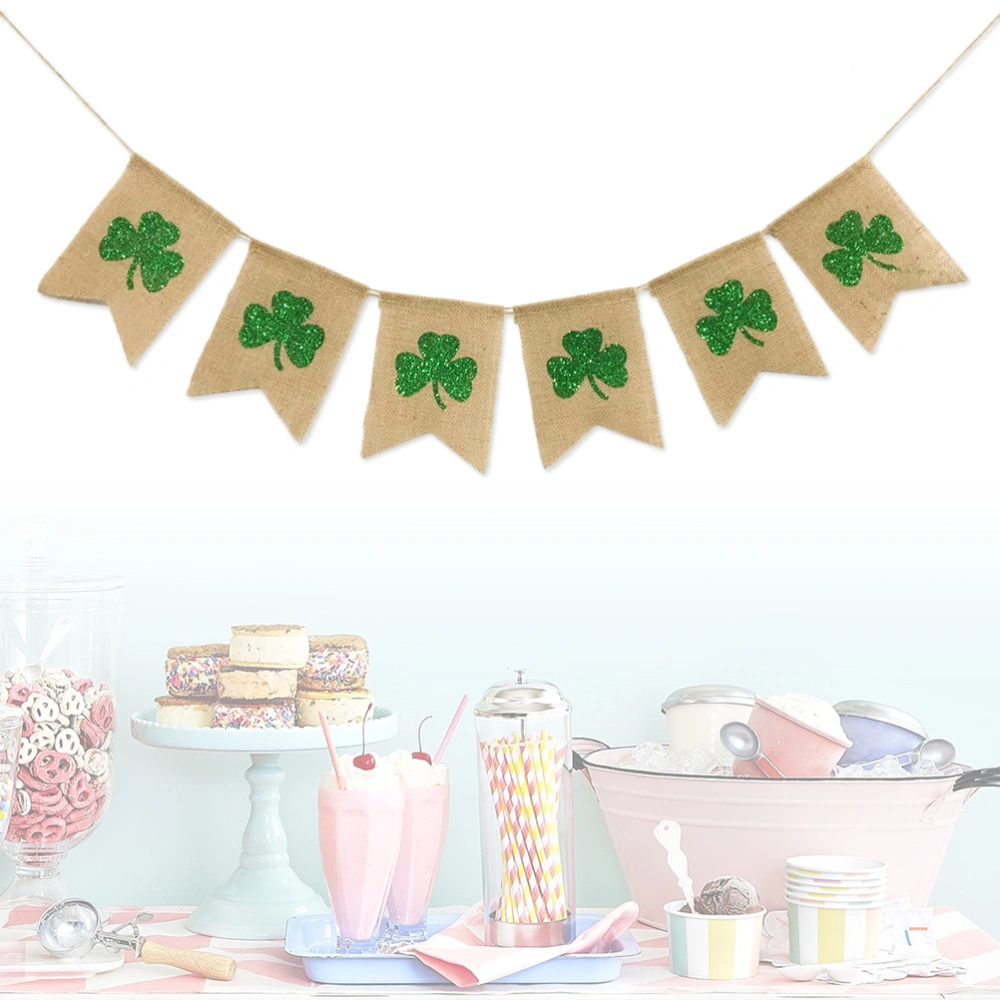 St Patrick's Day Burlap Banner Glitter Four Leaf Clover Banners Garland for Party Decorations