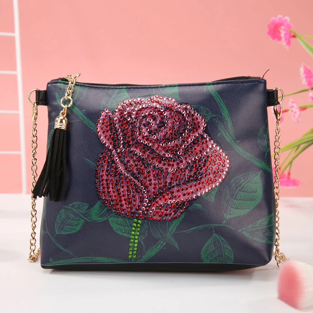 Rose Pattern Diamond DIY Painting Shoulder Pouch  Rhinestone Handmade Shoulder Pouch Chain Bag Fashion Tote Bag 