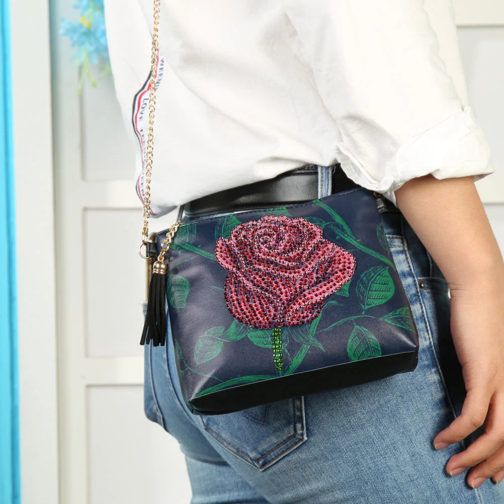 Rose Pattern Diamond DIY Painting Shoulder Pouch  Rhinestone Handmade Shoulder Pouch Chain Bag Fashion Tote Bag 