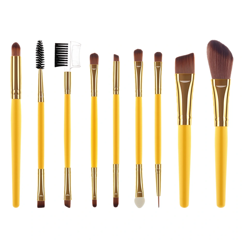 9pcs Wooden Long Handle Nylon Bristles Makeup Brushes Kit Cosmetics Powder Blush Brush (Yellow)