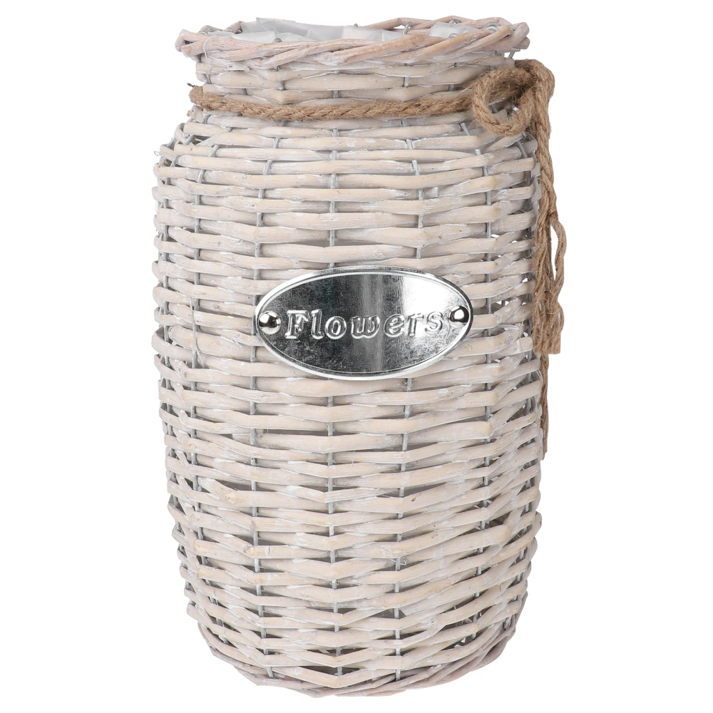 1pc Cane Woven Vase Rustic Flower Container Creative Flower Basket Desktop Flower Holder Table Decoration White