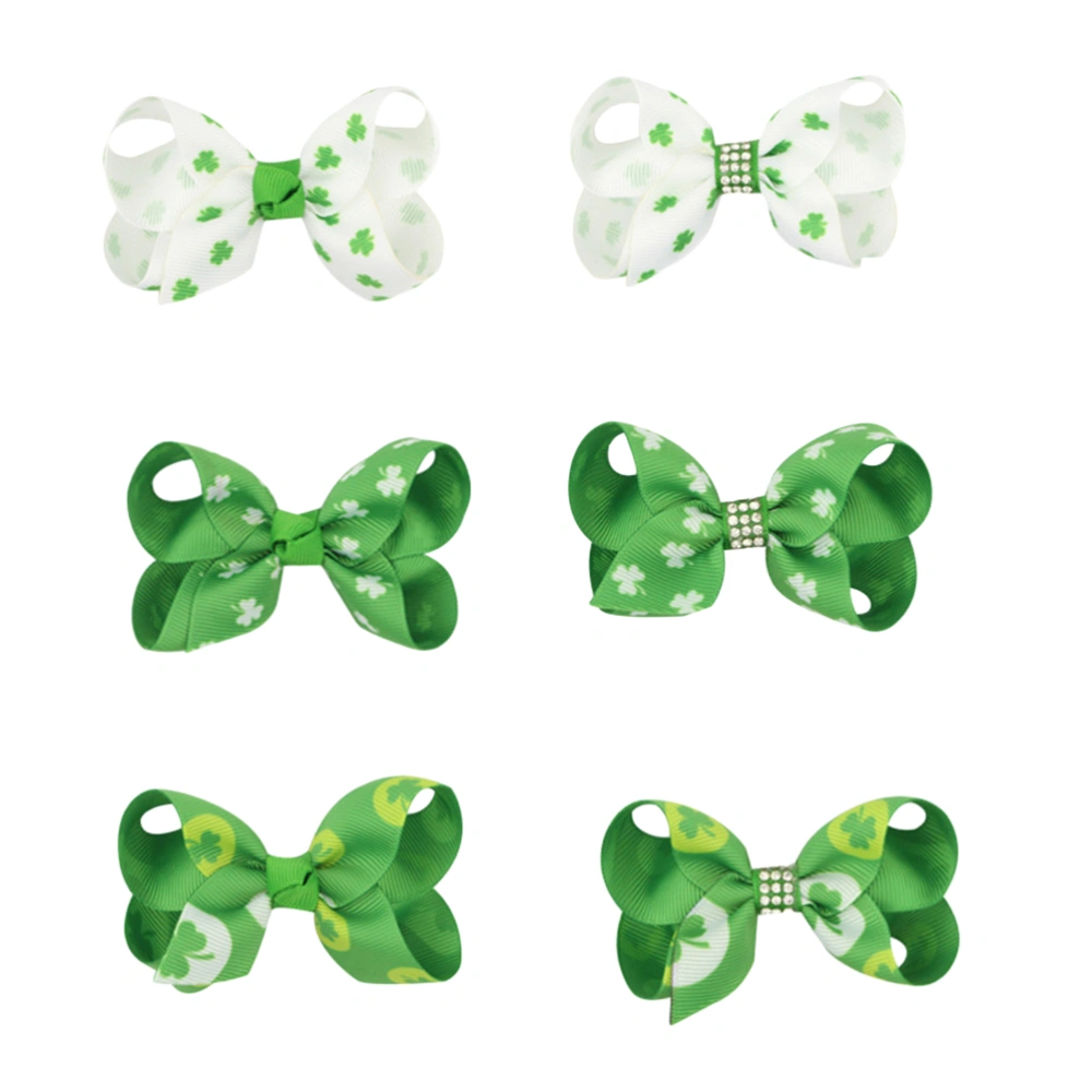 6pcs Children Hair Bows Hair Clips St.Patricks Day Shamrock Pattern Grosgrain Barrettes (Mixted Color)