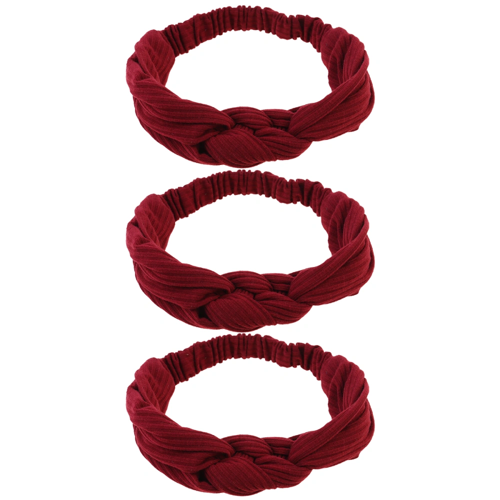 3pcs Knitted Chinese Knot Broad Hair Tie Fashion Hairbands Retro Cross Knot Turban Bandanas Ladies Headwear Hair Accessories Makeup Headdress for Woman Girl (Claret)