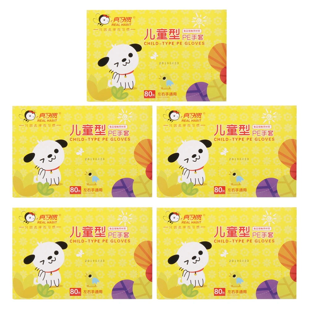 5 Boxes of PE Plastic Gloves Disposable Gloves Baby Food Gloves Household Protective Gloves Suitable for 4-12 Years Old (80Pcs for Each Box)