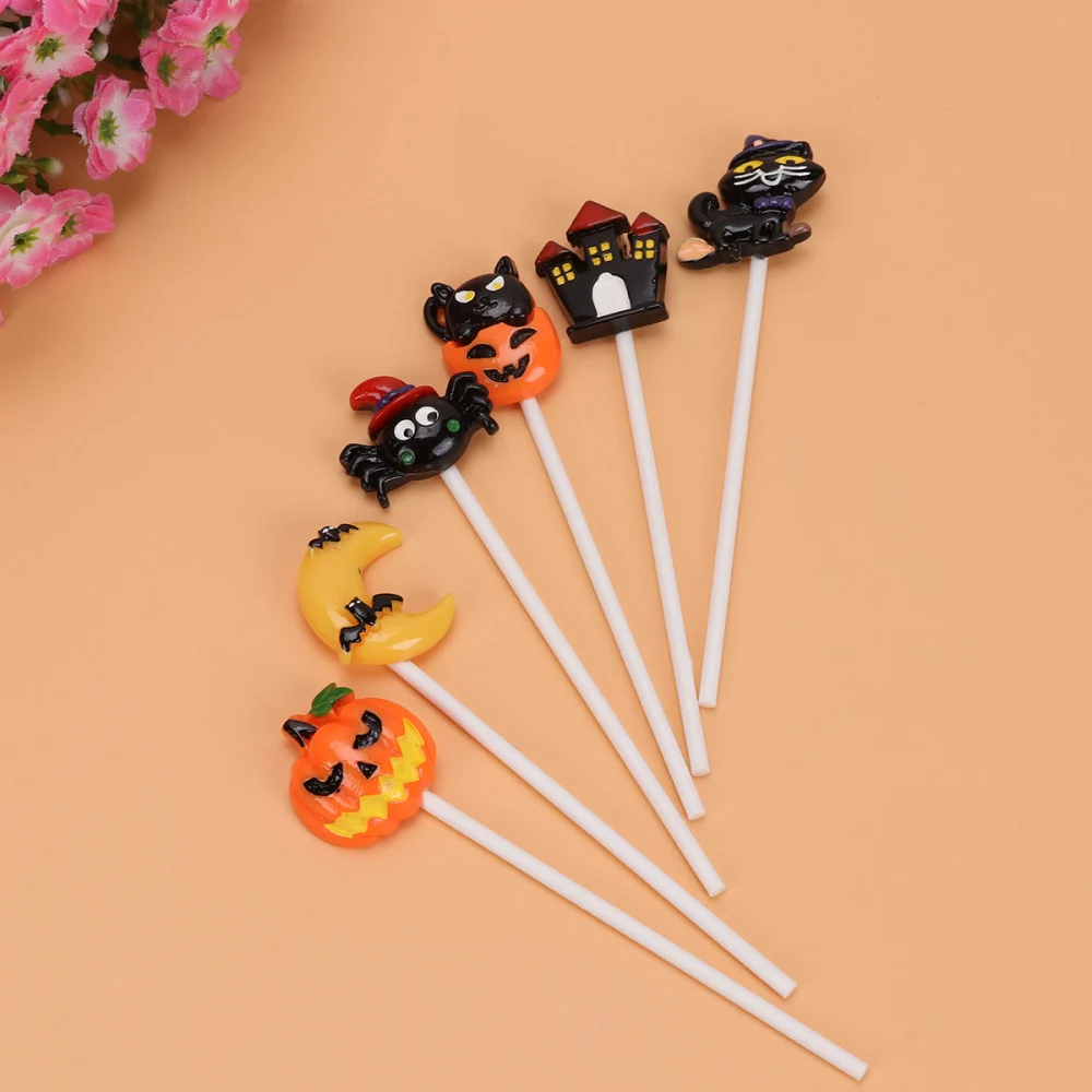 6pcs Halloween Day Cake Toppers Decorations Moon Pumpkin Castle Spider Cake Picks Sticks For Party Use