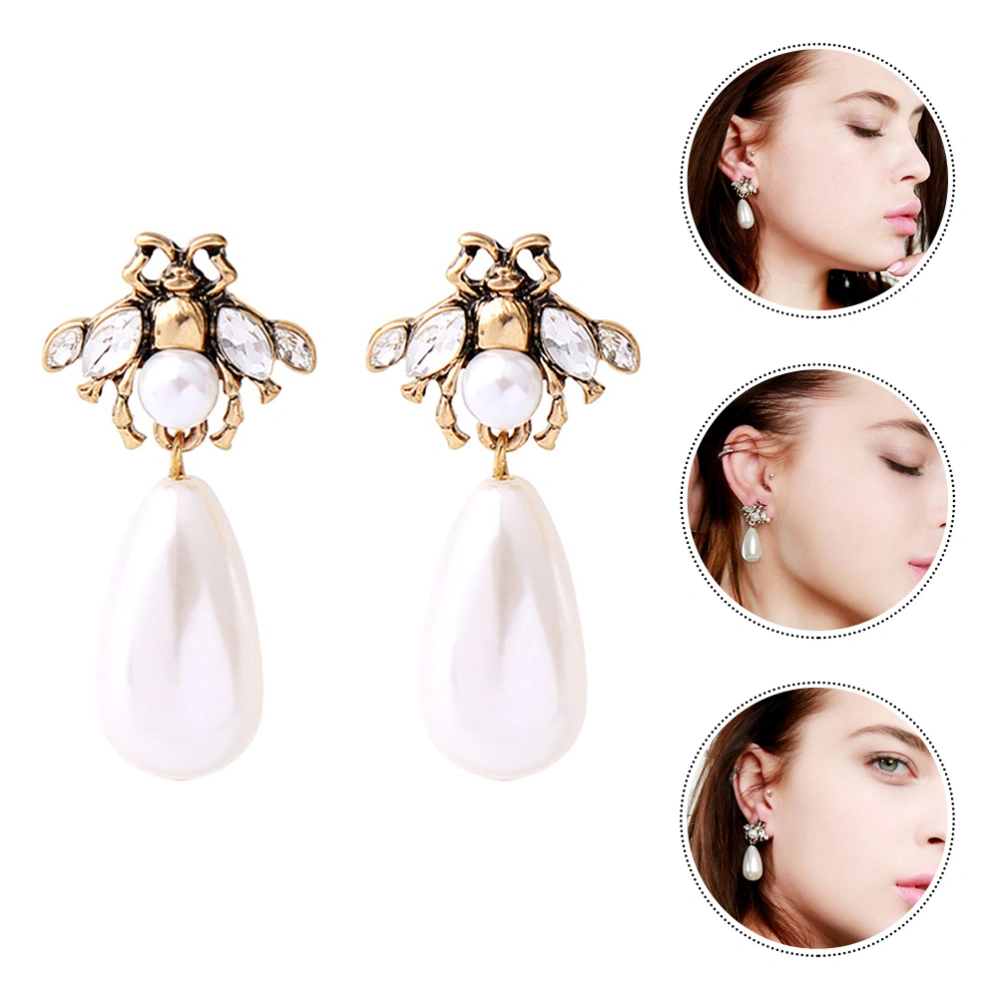 1 Pair Retro Rhinestone Ear Dangler Fashion Lady Pearl Earrings Long Ear Studs