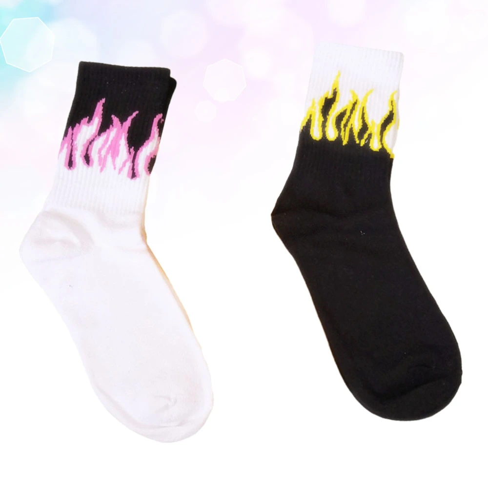 2 Pair Flame Pattern Cotton Socks Stockings Fashion Breathable Stockings Medium Tube Socks Clothes Accessory(Black+White)