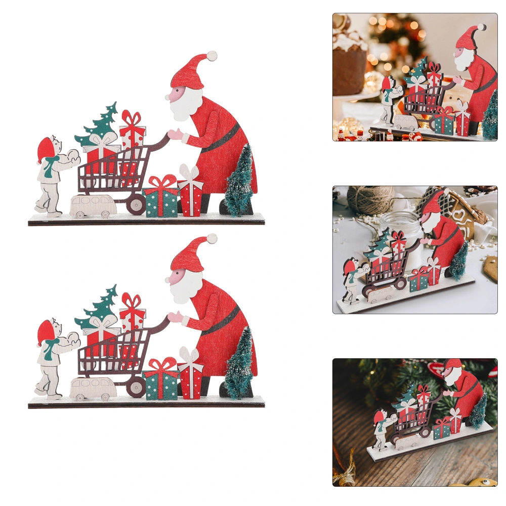 2pcs Xmas Adornments Santa Claus Ornaments Wooden Xmas Desktop Adornments