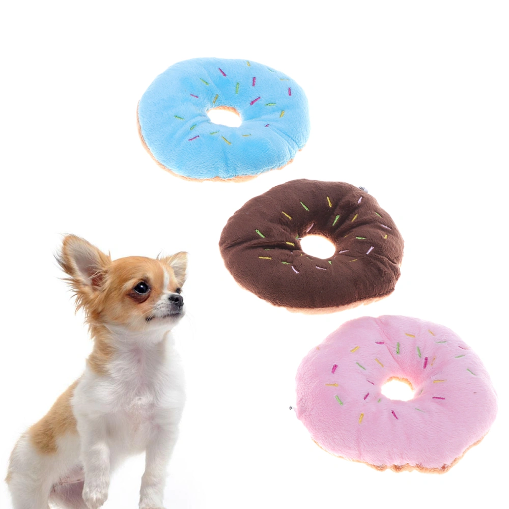 4PCS Pet Plush Toy Cartoon Donut Shaped Pet Toy Lovely Donut Pet Chew Toy Elastic Donut Shaped Pet Toy Funny Pet Squeaky Sound Toy Creative Pets Bite Chewing Toy for Dog Playing (Random Color)