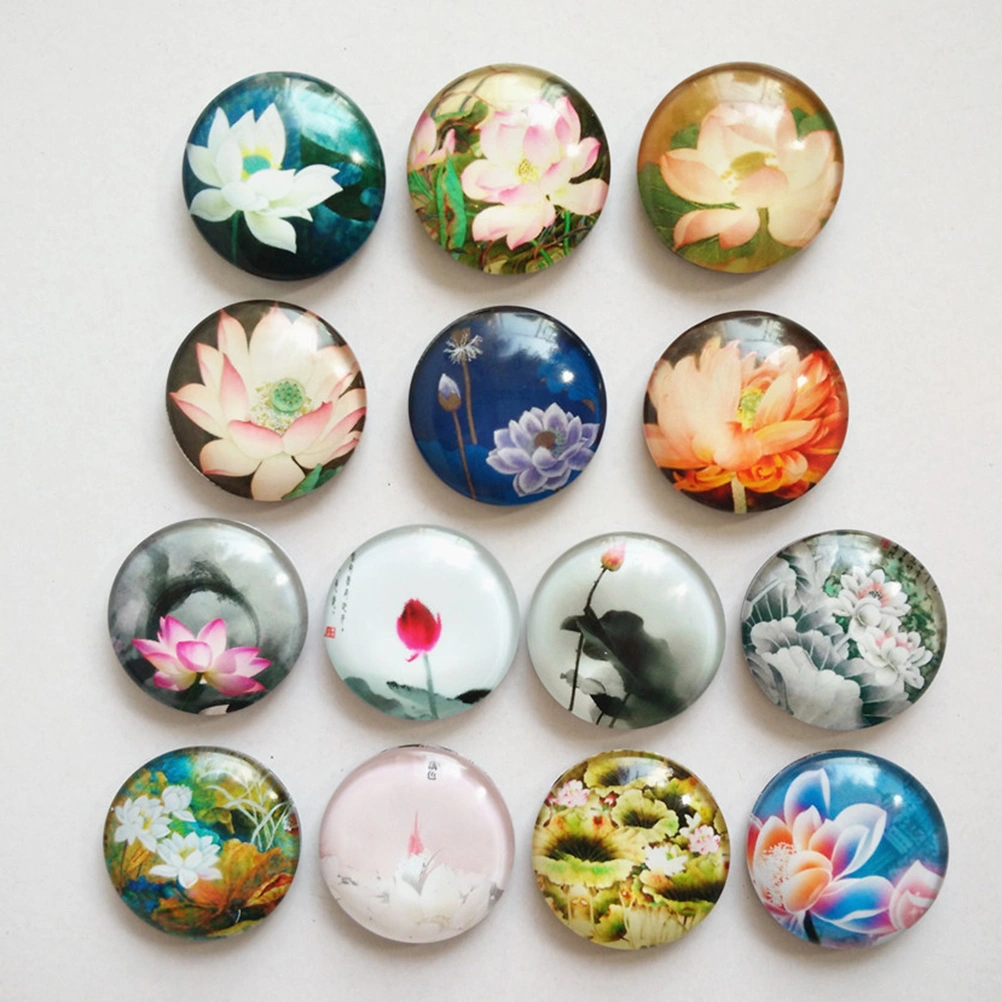 20Pcs Summer Lotus Refrigerator Round Glass Fridge Magnets Stickers Home Party Wall Decoration (Random Pattern)