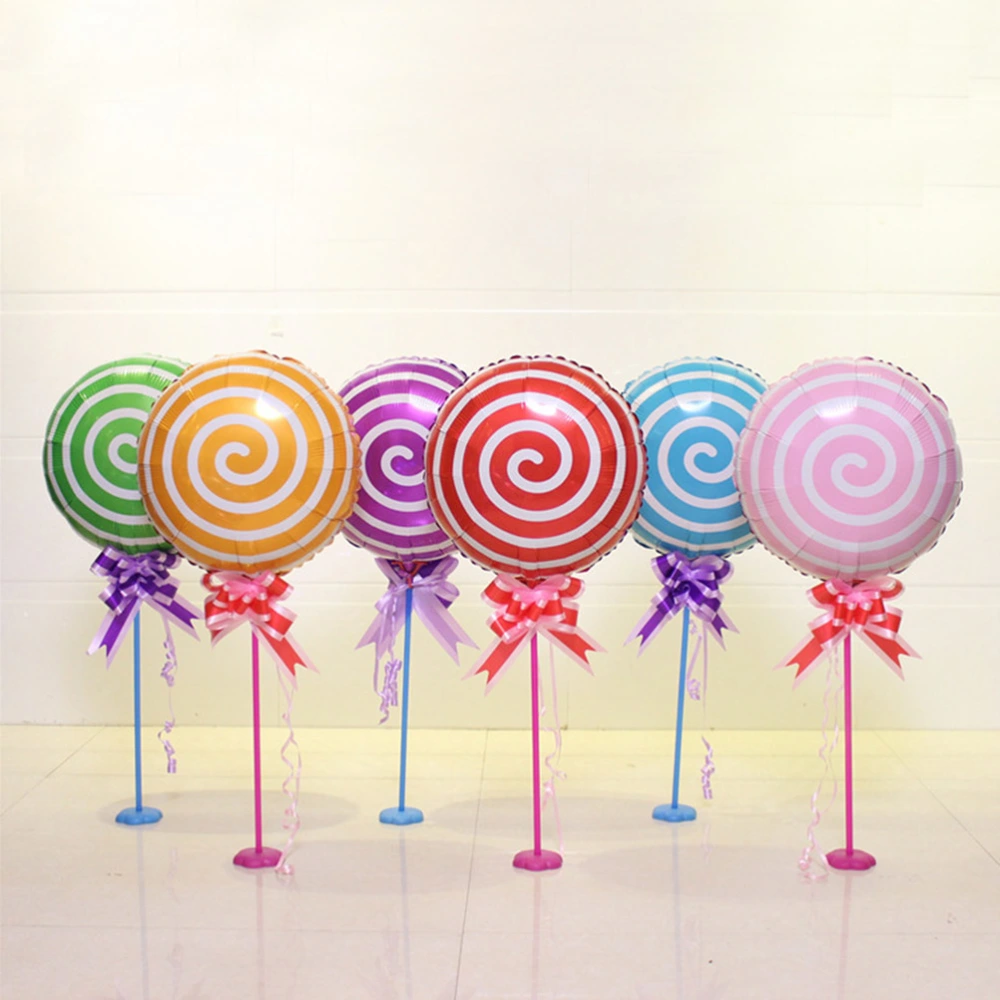 6pcs 18 Inches Lollipop Balloon Aluminium Film Decor Table Balloon for Birthday Gathering Party (Blue+Green+Red+Purple+Orange+Pink Lollipop Balloon, Random Color of the Base and Pull Flower)