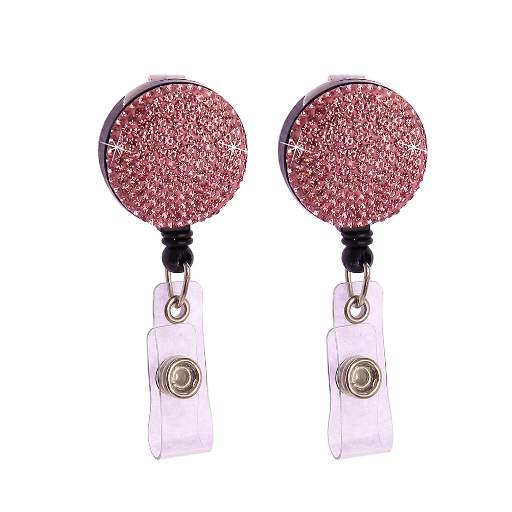 2Pcs Retractable Round Badge Clips Rhinestone ABS Straps ID Cards Badge Holders Name Tags Work Badges Accessories (Pink)