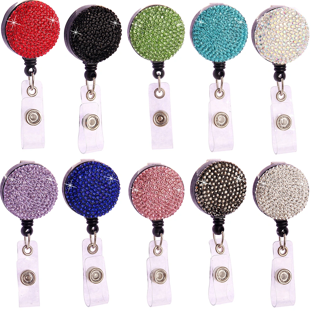 2Pcs Retractable Round Badge Clips Rhinestone ABS Straps ID Cards Badge Holders Name Tags Work Badges Accessories (Pink)