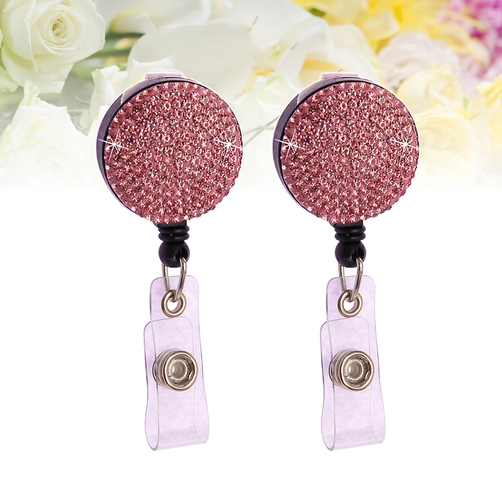 2Pcs Retractable Round Badge Clips Rhinestone ABS Straps ID Cards Badge Holders Name Tags Work Badges Accessories (Pink)
